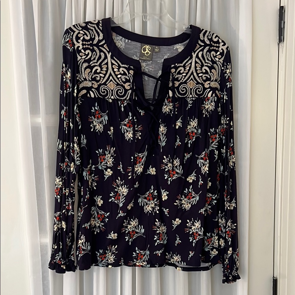 Embroidered Floral Navy Top